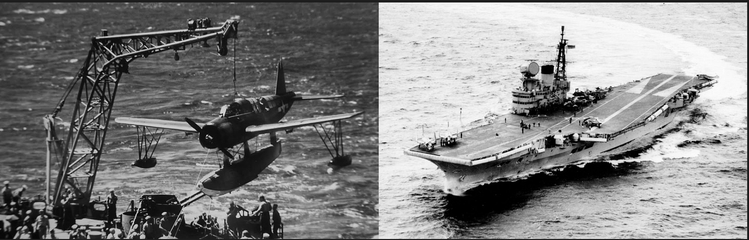 Black and white collage of images of military aircraft that reshaped naval warfare